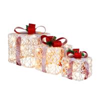 Set van 3 LED-Geschenkdozen op Batterijen Werkende Geschenken met Rode Strikken 60 LED-verlichting en 6H-timer Verlichte Kerstdecoratie