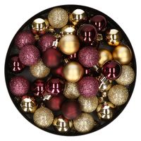 Kleine kunststof kerstversiering 40x stuks set en 3 cm kerstballen in het goud en aubergine