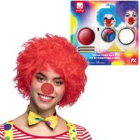 Carnaval verkleed set Clown Eddy - pruik rood - schminkset met rode neus