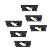 Set van 6 Mallorca LED inbouwspot - IP20 - Kantelbaar - 4 Watt 345 lumen - 2700K warm wit - GU10 - Dimbaar - Vierkant - Voor binnen - Zwart