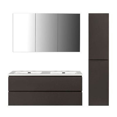 Badkamermeubel Set Callisto Diamond Hangend 120x50x48cm Mat Grijs Softclose Greeploos Mineraalmarmer Wastafel Zonder Kraangat Overloop met Spiegelkast en Badkamerkast