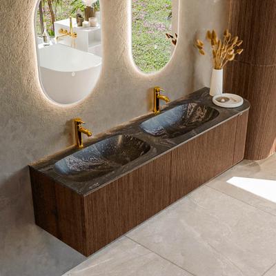 Badmeubel Mondiaz Kurve-Dlux | 165 cm | Meubelkleur Walnut | Wastafelkleur Lava | Solid surface | Dubbele spoelbak | 2 kraangaten