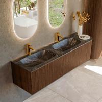 Badmeubel Mondiaz Kurve-Dlux | 165 cm | Meubelkleur Walnut | Wastafelkleur Lava | Solid surface | Dubbele spoelbak | 2 kraangaten