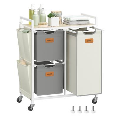 Wasmand op wielen met zijzakken en praktische opbergplank, Naturel Beige + Duifgrijs + Crème Wit / 100 L