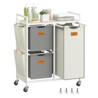 Wasmand op wielen met zijzakken en praktische opbergplank, Naturel Beige + Duifgrijs + Crème Wit / 100 L