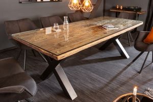 Massief houten eettafel BARRACUDA 220cm naturel teakhout incl. glazen blad zwart metalen poten X-frame - 39699