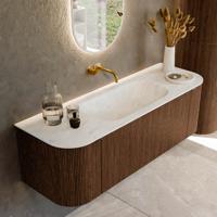 Badmeubel Mondiaz Kurve-Dlux | 140 cm | Meubelkleur Walnut | Wastafelkleur Opalo | Solid surface | Midden spoelbak | Zonder kraangat(en)
