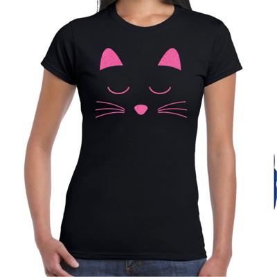 Cadeau T-shirt dames - zwart - glitter roze - kat / poes liefhebber - themafeest Cadeau T-shirt dames - zwart - glitter roze - kat / poes liefhebber - themafeest
