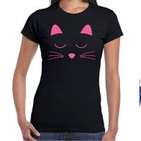 Cadeau T-shirt dames - zwart - glitter roze - kat / poes liefhebber - themafeest