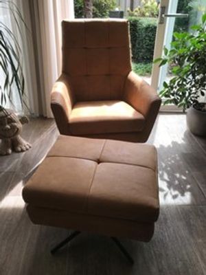 Leren draaifauteuil volledig gestoffeerd - met hoge rug en stervoet - met hocker - bruin leer - Echt leer, Modern, ontdek de vele Leersoorten en Kleuren bij ShopX