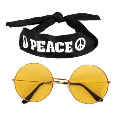 Hippie Flower Power verkleedset - Peace hoofdband - met ronde glazen verkleed bril - geel