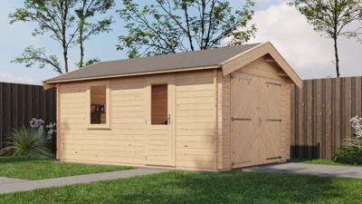 Lugarde Select Blokhut Opheusden met garagedeur 350x500cm - Onbehandeld- Zadeldak- - Lugarde Select