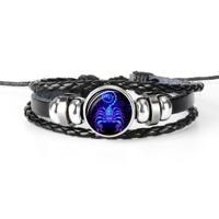12 sterrenbeeld zwart gevlochten lederen glazen koepel Punk mannen Bracelet(Scorpio)