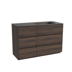 Storke Edge staand badmeubel 120 x 52 cm notenhout met Scuro asymmetrisch rechtse wastafel in kwarts mat zwart