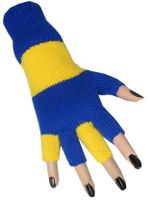 Vingerloze handschoenen blauw/geel gebreid