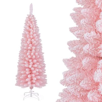 150 cm Kunstmatige Roze Kerstboom Besneeuwde Kerstboom met 328 Takpunten & Inklapbare Metalen Standaard
