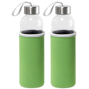 4x Stuks glazen waterfles/drinkfles met groene softshell bescherm hoes 520 ml