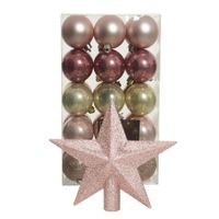 Kerstballen 30x st - roze/champagne- 6 cm - met ster piek lichtroze- kunststof - thumbnail