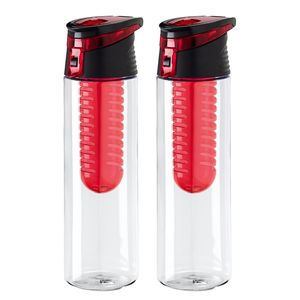 Waterfles/sportfles/drinkfles Waterprofs - 2x - transparant/rood - kunststof - 740 ml - met fruit fi