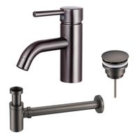 Fortifura Calvi Wastafelkraanset - lage wastafelkraan - klikwaste plug - verlaagde design sifon - Geborsteld Gunmetal PVD SW766540/SW767288/SW767295