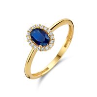 Ring geelgoud-synth. saffier-zirconia blauw-wit 8,5 mm