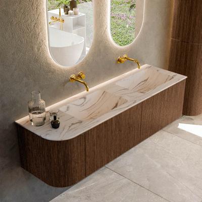 Badmeubel Mondiaz Kurve-Dlux | 155 cm | Meubelkleur Walnut | Wastafelkleur Nata | Solid surface | Dubbel / Rechts spoelbak | Zonder kraangat(en)