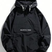 Bon&Bon Men's Army Green Loose Fit Drawstring Bomber Hoodie Jacket Black / L