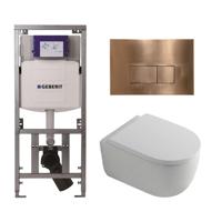 QeramiQ Dely Swirl Toiletset - 36.3x51.7cm - diepspoel - rimless - Geberit UP320 Burda inbouwreservoir - 35mm zitting - koperen bedieningsplaat - rechtehoekige knoppen - wit mat 0701131/SW706197/SW1000767/SW1026257
