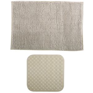 MSV Douche anti-slip mat en droogloop mat - Sevilla badkamer set - rubber/microvezel - beige