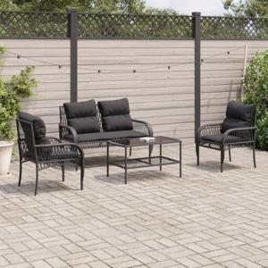 4-delige Loungeset met kussens poly rattan zwart