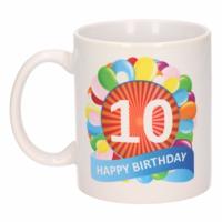 10 jaar Verjaardag koffiemok - cadeau beker - feestelijke ballonnen print - 300 ml - keramiek - wit