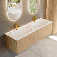 Badmeubel Mondiaz Kurve-Dlux | 150 cm | Meubelkleur Oak | Wastafelkleur Ostra | Solid surface | Dubbele spoelbak | 2 kraangaten Badmeubel Mondiaz Kurve-Dlux | 150 cm | Meubelkleur Oak | Wastafelkleur Ostra | Solid surface | Dubbele spoelbak | 2 kraangaten