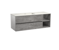 Storke Edge zwevend badmeubel 140 x 52 cm beton donkergrijs met Mata asymmetrisch linkse wastafel in mat witte solid surface