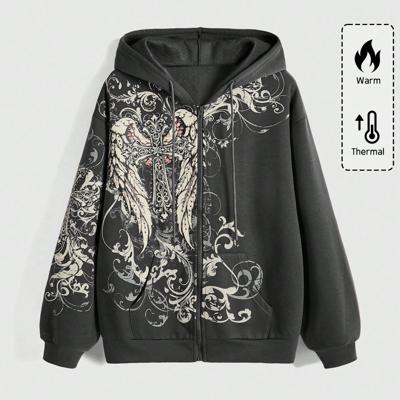 Bon&Bon Women's Grunge Punk Cross & Wings Graphic Zip-Up Hoodie Grey / XS