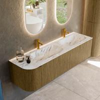 Badmeubel Mondiaz Kurve-Dlux | 165 cm cm | Meubelkleur Dusk | Wastafelkleur Glace | Solid surface | Dubbel / Rechts spoelbak | 2 kraangaten