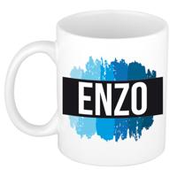 Enzo naam cadeau koffie mok - beker - met blauw verfstrepen - Cadeau collega - vaderdag