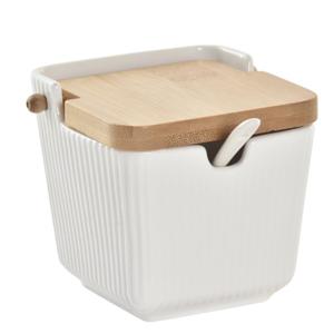 Items luxe Suikerpot Porselein/bamboe hout - wit - 9 x 10 cm - dispenser met lepel