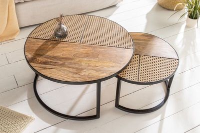 Set van 2 salontafels VIENNA LOUNGE 70cm rond massief mangohout Weens rieten metalen frame zwart - 40135
