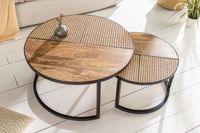 Set van 2 salontafels VIENNA LOUNGE 70cm rond massief mangohout Weens rieten metalen frame zwart - 40135 - thumbnail