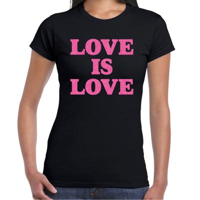 Gay Pride T-shirt dames - love is love - zwart - roze glitter - LHBTI