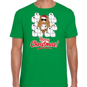 Fout Kerst t-shirt / outfit met hamsterende kat Merry Christmas groen voor heren