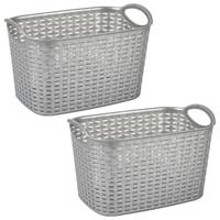 Plasticforte opbergmand kastmandje - 2x stuks - 6,4 liter - zilver - kunststof - 19 x 29 x 18 cm - m