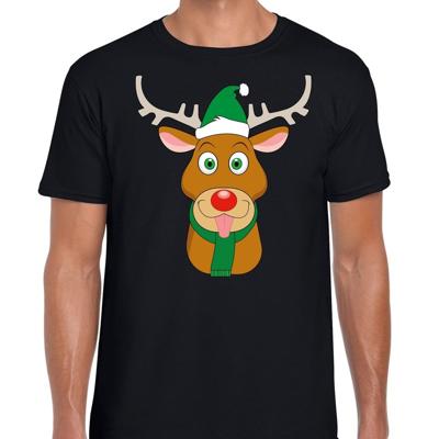 Kerst t-shirt voor heren - zwart - Rendier Rudolf - groene kerstmuts