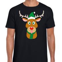 Kerst t-shirt voor heren - zwart - Rendier Rudolf - groene kerstmuts