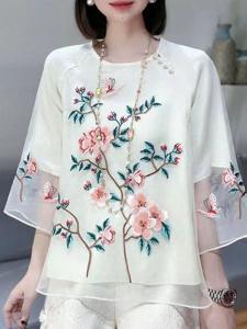 Crew Neck Casual Plain Embroidery Blouse