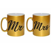 Gouden Mrs en MR cadeau mokken / bekers set voor koppels 330 ml - thumbnail