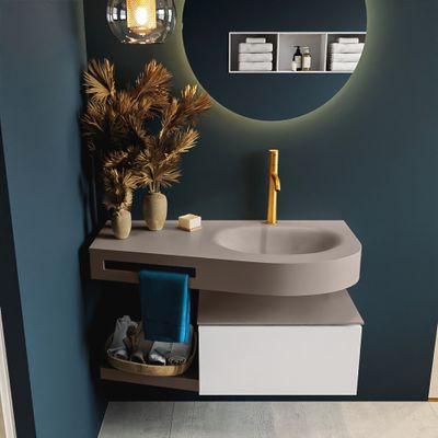 MONDIAZ RIVA 100cm badmeubel onderkast / planchet kleur Talc met 1 lade. Wastafel DULCET rechts 1 kraangat kleur Smoke. MONDIAZ RIVA 100cm badmeubel onderkast / planchet kleur Talc met 1 lade. Wastafel DULCET rechts 1 kraangat kleur Smoke.