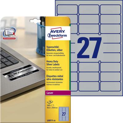 Etiket Avery L6011-20 63.5x29.6mm zilver 540stuk Etiket Avery L6011-20 63.5x29.6mm zilver 540stuk