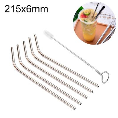 5 stuks herbruikbare RVS gebogen drinken stro + Cleaner borstel set Kit 215 * 6mm (zilver)
