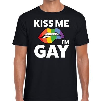 Kiss me i am gay t-shirt - zwart - voor heren - Gay pride kleding - katoen - korte mouwen